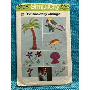 Simplicity 6198 pattern Embroidery transfer palm tree bird mushroom flowers